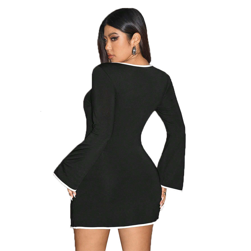 Plus Size Womens Pure Desire Sweet and Spicy Style Dress Autumn and Winter New Item Square Neck Flared Sleeve Contrasting Short Skirt