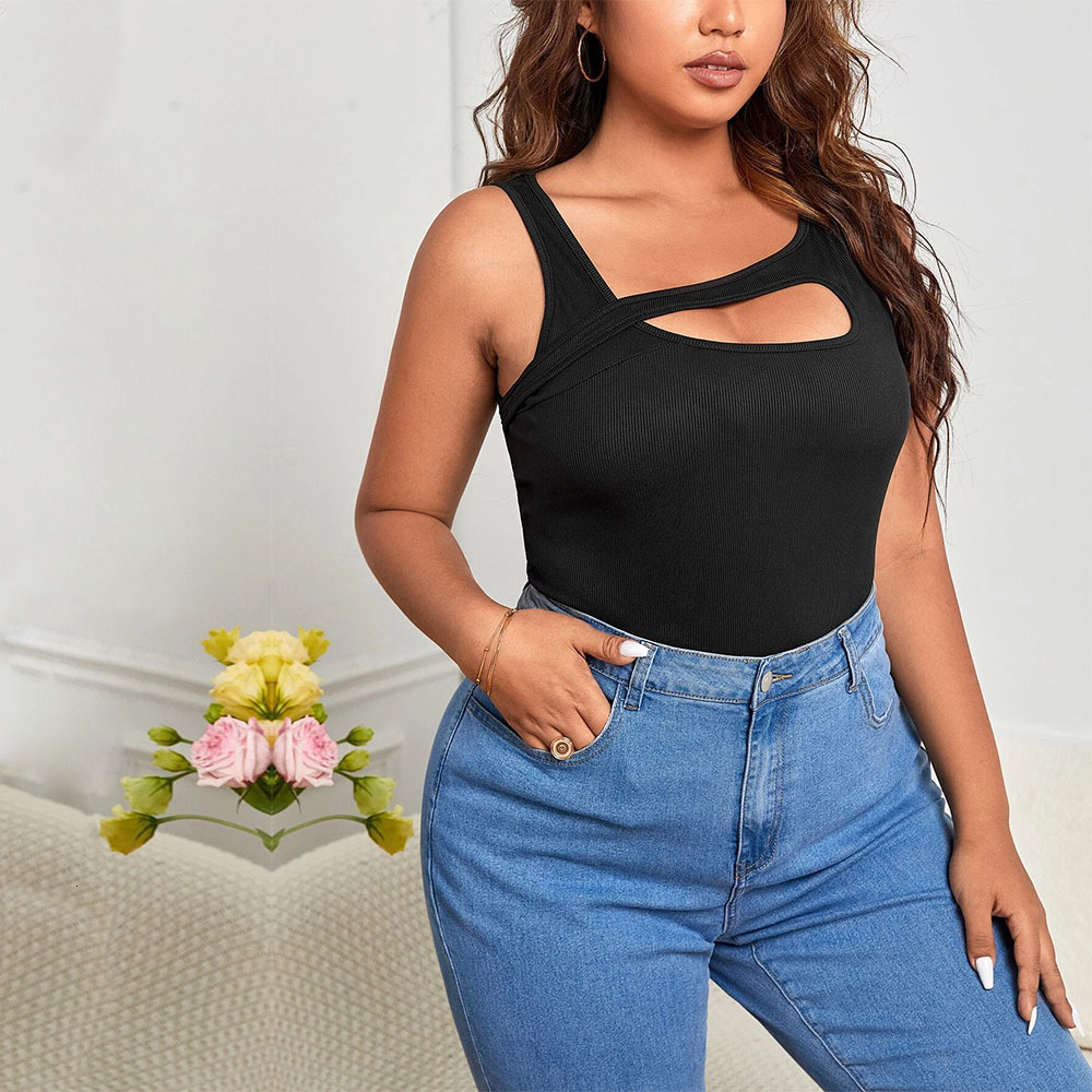 Large Size Womens New Ins Style Asymmetrical Shoulder Strap Hollowed Out Slim Fit Solid Color Vest Top
