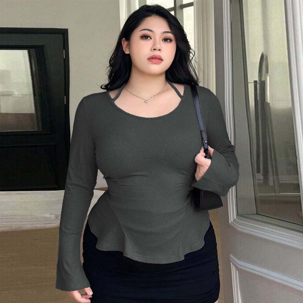 Autumn and Winter Plus Size Womens Sexy Pure Desire Style T-shirt U-neck Long Sleeved Temperament Slimming Top