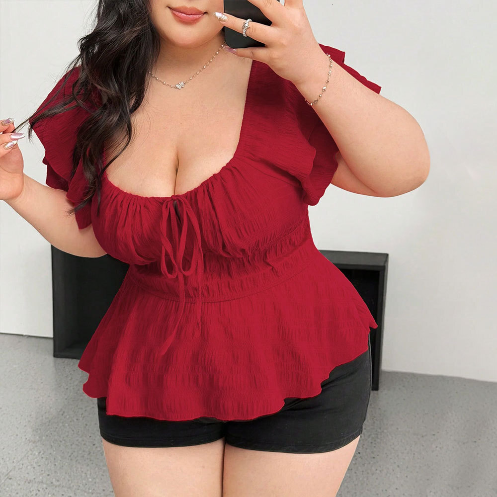 Large Size Womens Sexy Square Neck T-shirt Summer Big Red Sweet and Spicy Waist Cinching Top