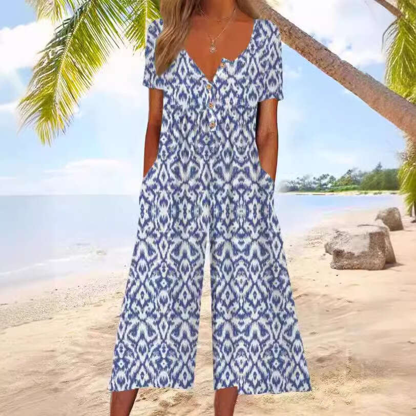 Wide Leg Jumpsuit New Women S Spring Summer Printed Pocket Button Jumpsuit