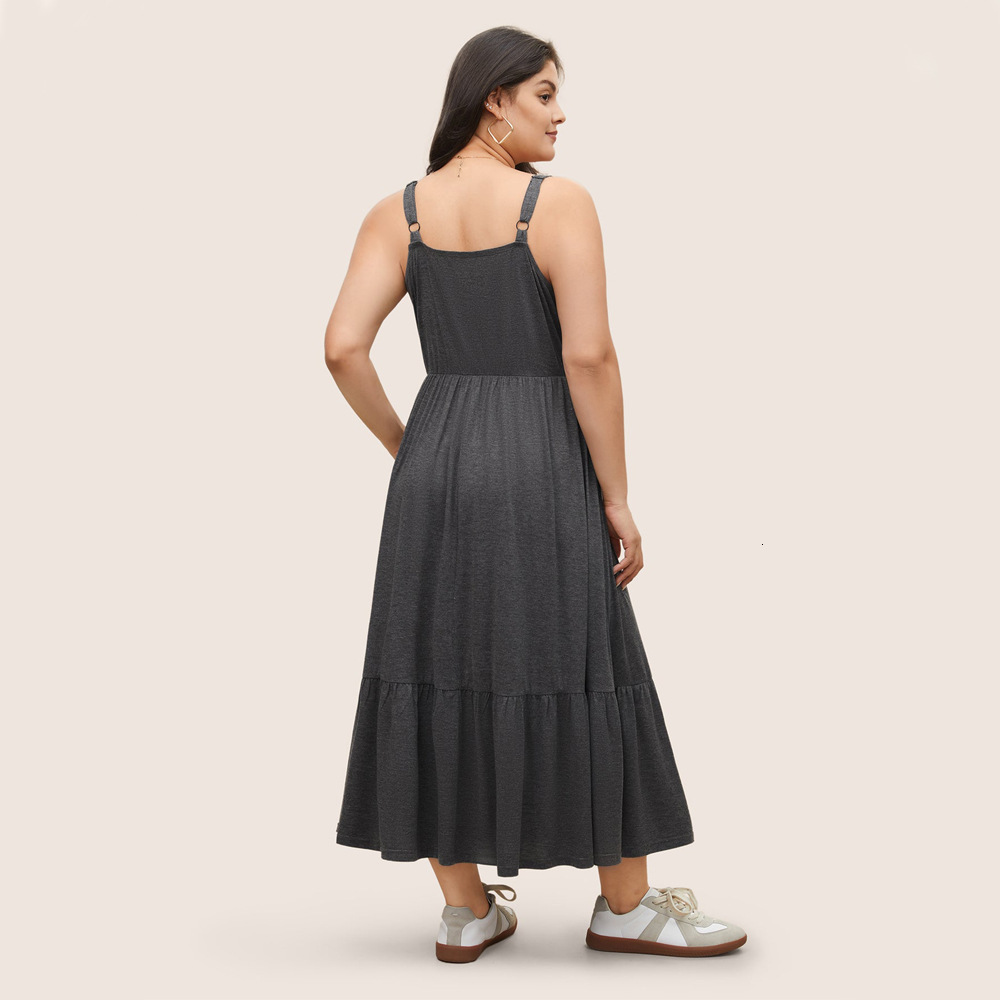 Plus Size Womens Loose Casual Vacation Waist Cinched Pocket Camisole Long Skirt Dress