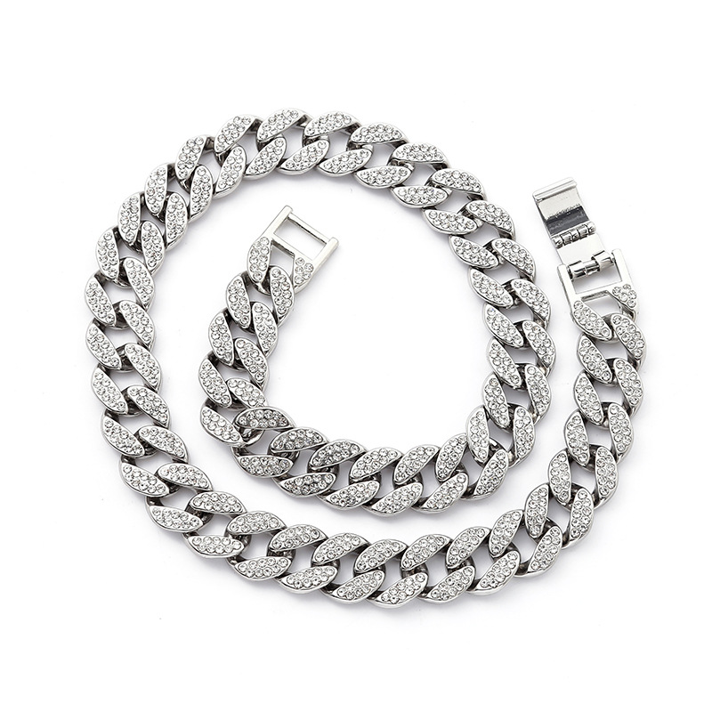15mm Iced Out Cuban Link Necklace and Bracelet Set for Men Women Hip Hop Style Rhinestone Jewelry Wholesale for Streetwear & Party