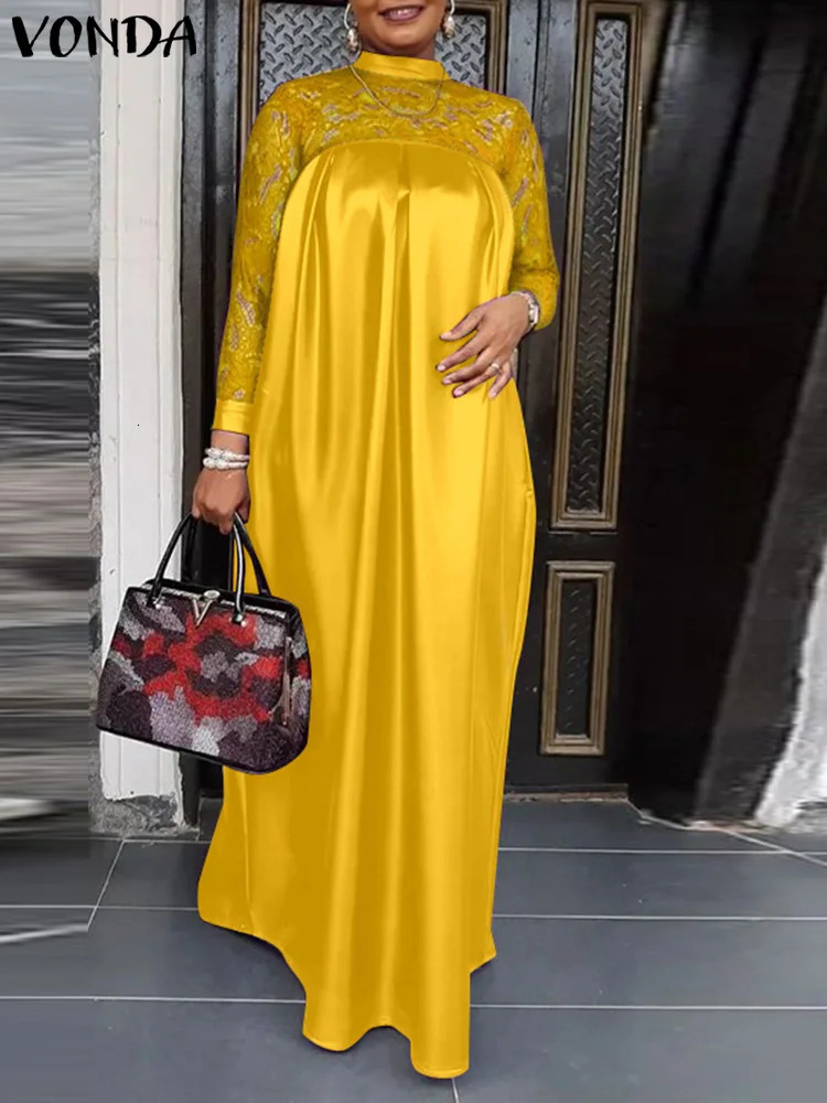 Plus Size 5XL VONDA Elegant Women Lace Patchwork Satin Maxi Dress 2025 Autumn Long Sleeve Stand Collar Long Dresses Casual Robe 250515
