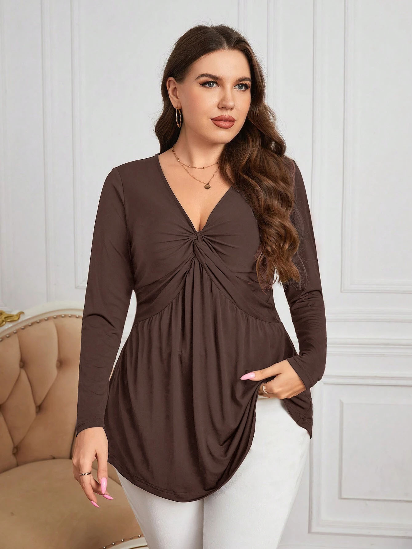 Plus Size Womens Temperament Waist Cinched Knitted Base Shirt Elegant Commuting V-neck Sexy Top