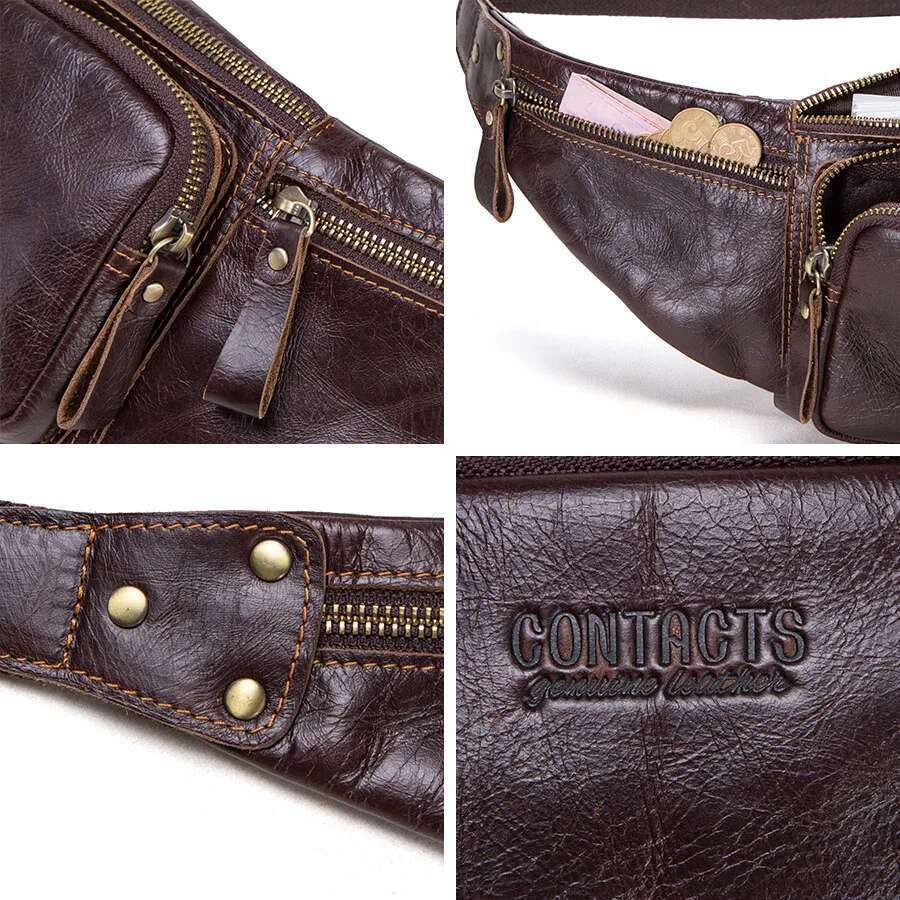 Contact's Cow Leather Men New Casual Small Fanny Male Waist Pack For Cell Phone And Credit Cards Travel Chest Bag