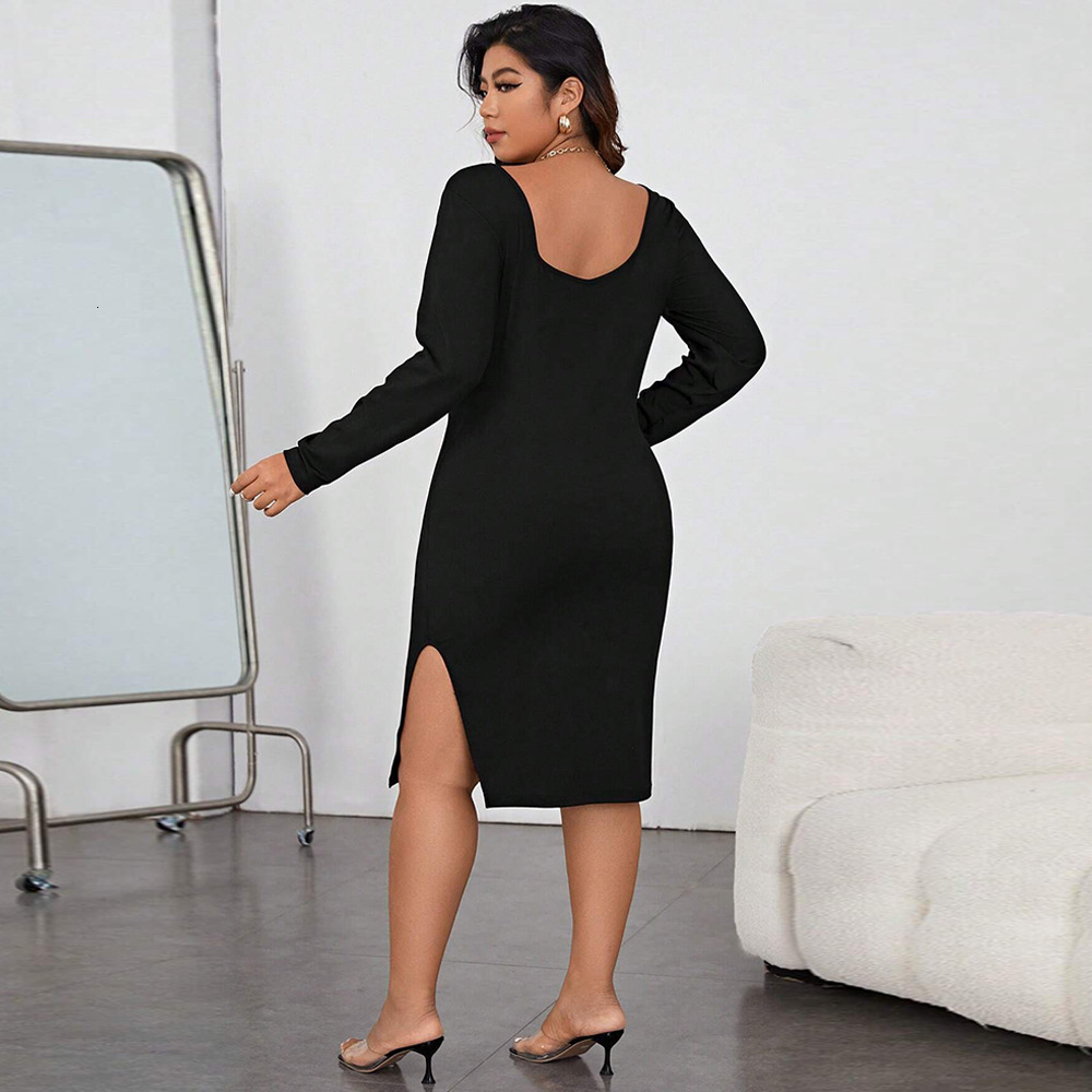 Large Size Womens Autumn and Winter New Slim Fit Bag Buttocks Sexy Slit Long Sleeved Square Neck Dress