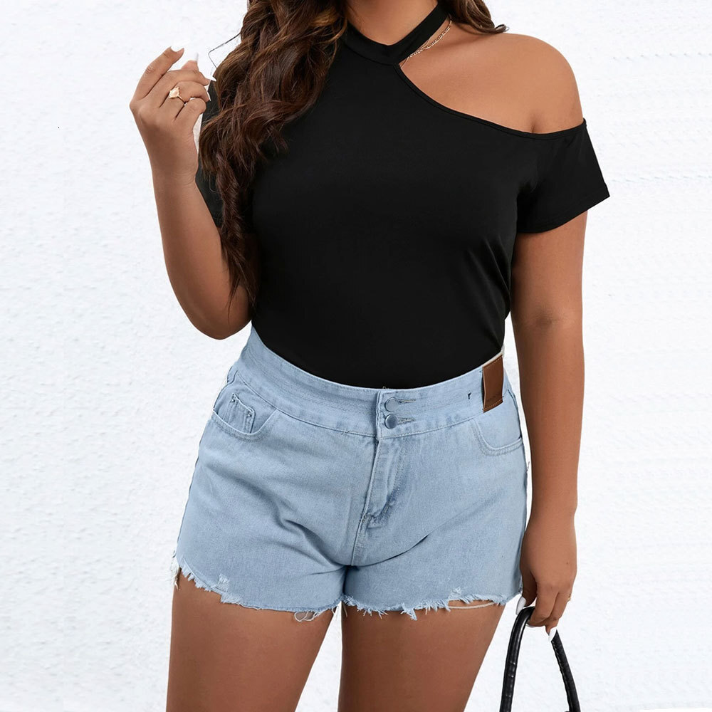 Summer Plus Size Womens Sexy Off Shoulder Slim Fit Knitted Short Sleeved T-shirt Top