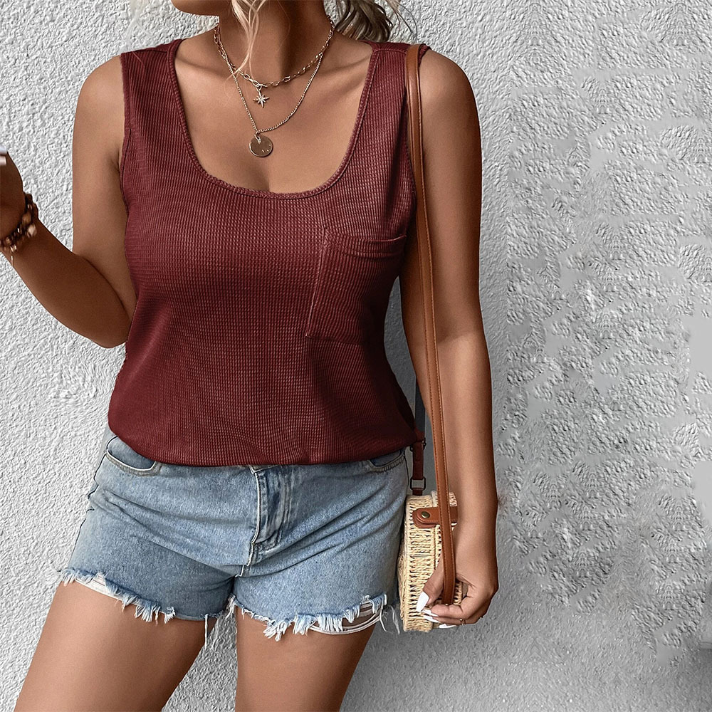 Large Size Womens New Casual Large U-neck Pocket Vacation Home Solid Color Vest Top