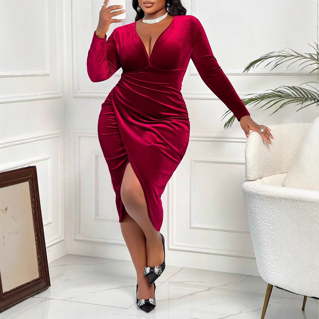 Autumn and Winter New Womens Sexy Socialite Style Dress V-neck Design with Wine Red Mid Length Skirt