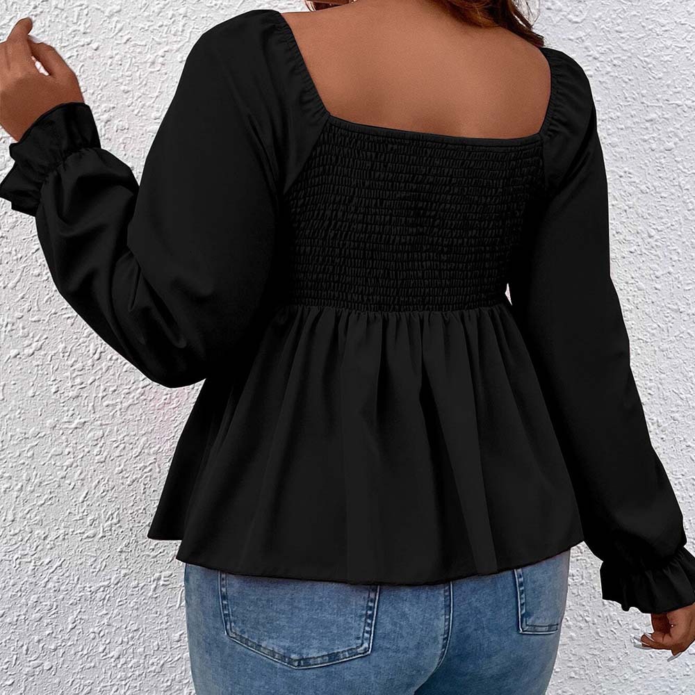 Plus Size Womens French Style Small Fragrance V-neck T-shirt Autumn and Winter Lantern Sleeves Design Sense Slimming Top