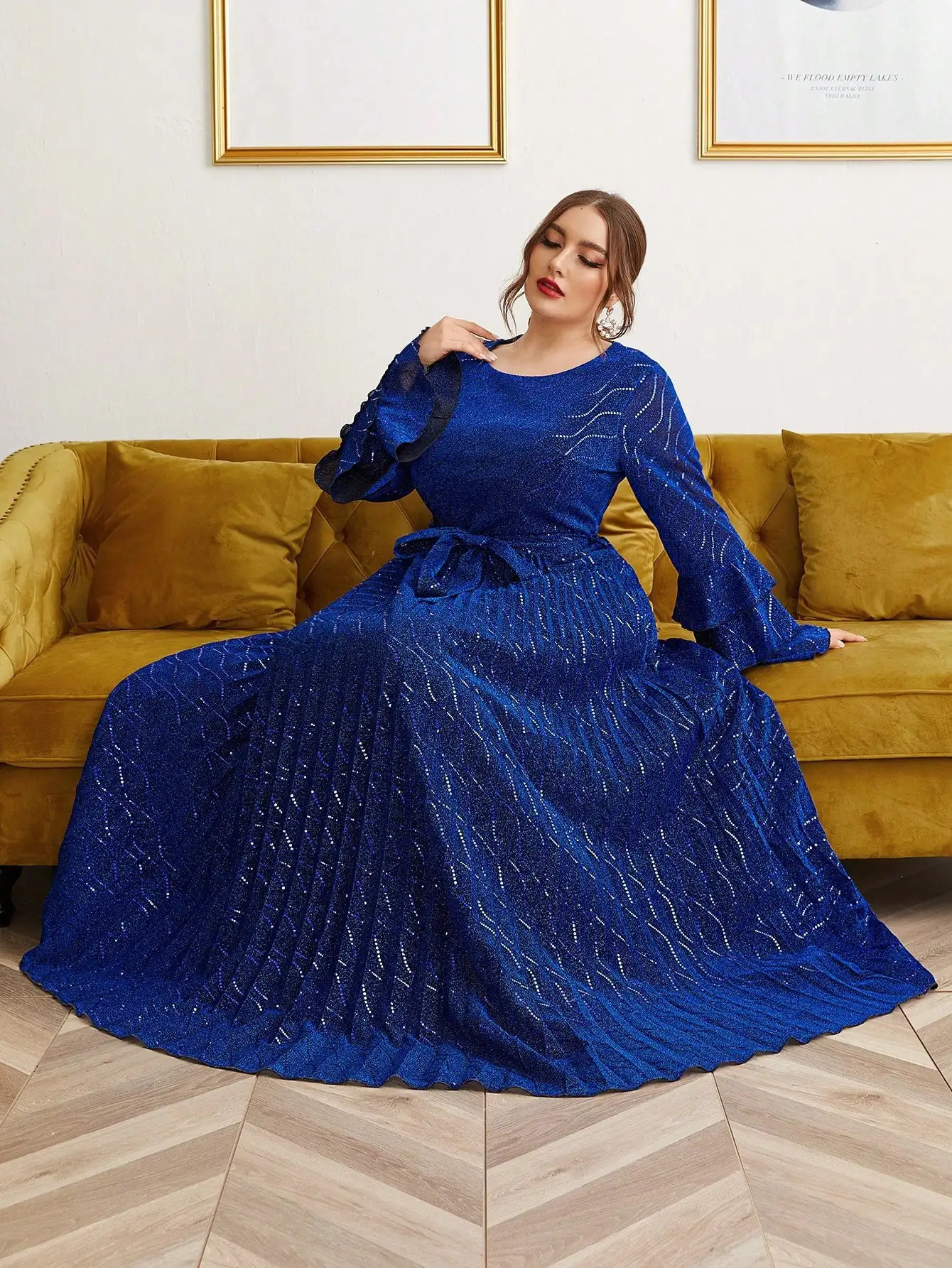 Mgiacy plus size round neck multilayer lotus long sleeved sun folding evening gown dance 250506