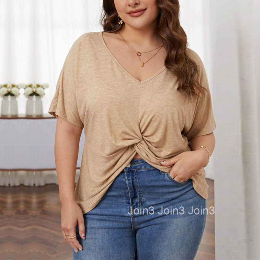 Large Size Womens New Loose Casual V-neck Short Sleeved Knitted T-shirt Irregular Hem Top