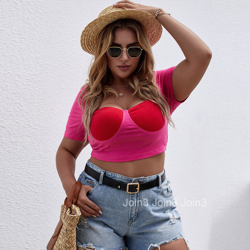 Large Size Womens New Short Style Square Neck Slim Fit Short Sleeved Contrasting T-shirt Top