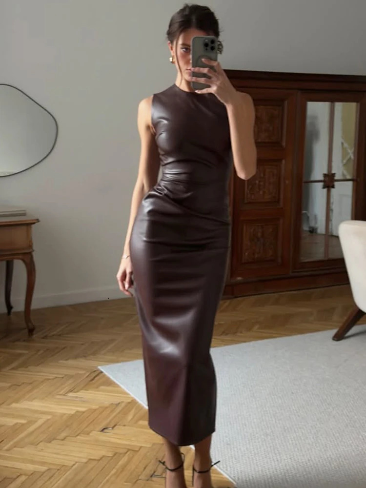 Trendix PU Elegant Maxi Dress For Womens Bodycon Pleated Sleeveless Long Dresses Vacation Casual Street High Waist Party Dress 250515