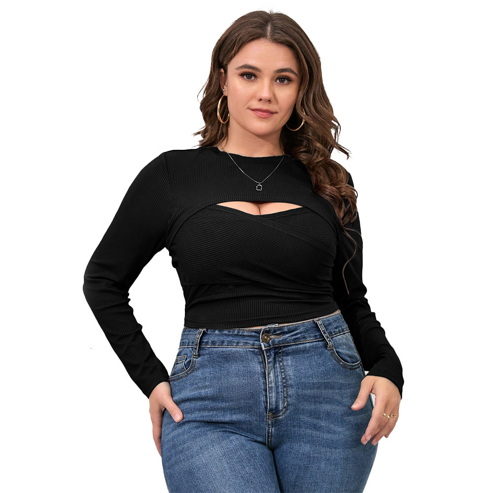 Large Size Womens Round Neck Hollowed Out Slim Fit Base Shirt Womens Fake Two Pieces Short Style Slimming Long Sleeved Top