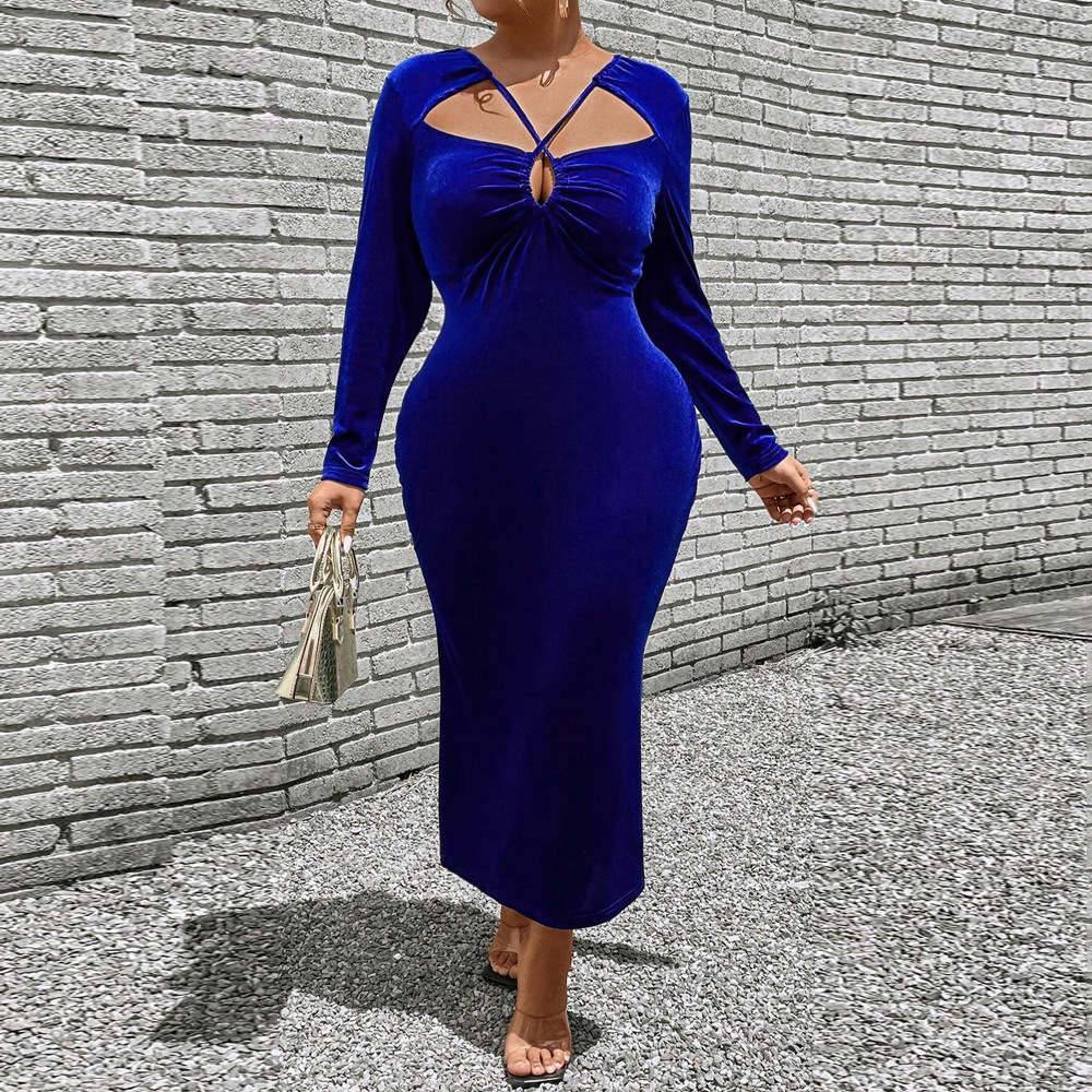 Plus Size Womens Clothing Socialite Style Korean Velvet Dress Autumn and Winter Blue Seductive Temperament Long Skirt