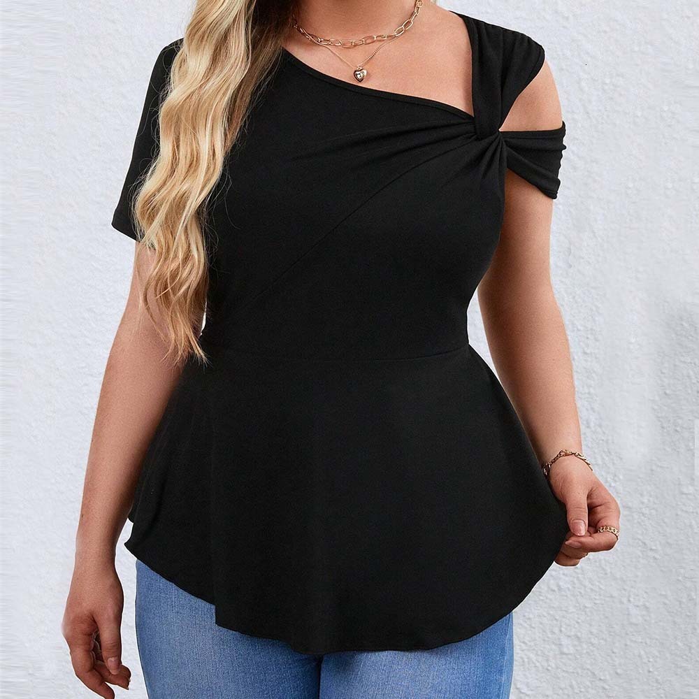 Plus Size Womens Sexy Off Shoulder Sloping Neck T-shirt Summer New Style Pullover Solid Color Short Sleeved Top