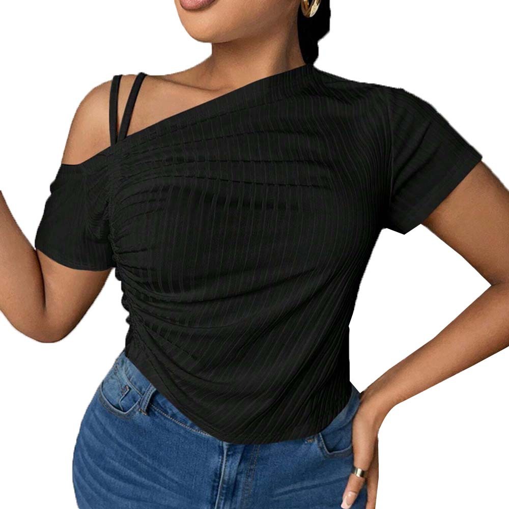 Plus Size Womens Summer New Slim Fit Off Shoulder Sloping Collar Solid Color T-shirt Top