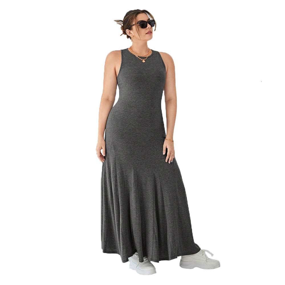 Plus Size Womens Casual Round Neck Sleeveless Dress Summer New High Waisted Slim Fit Long Dress