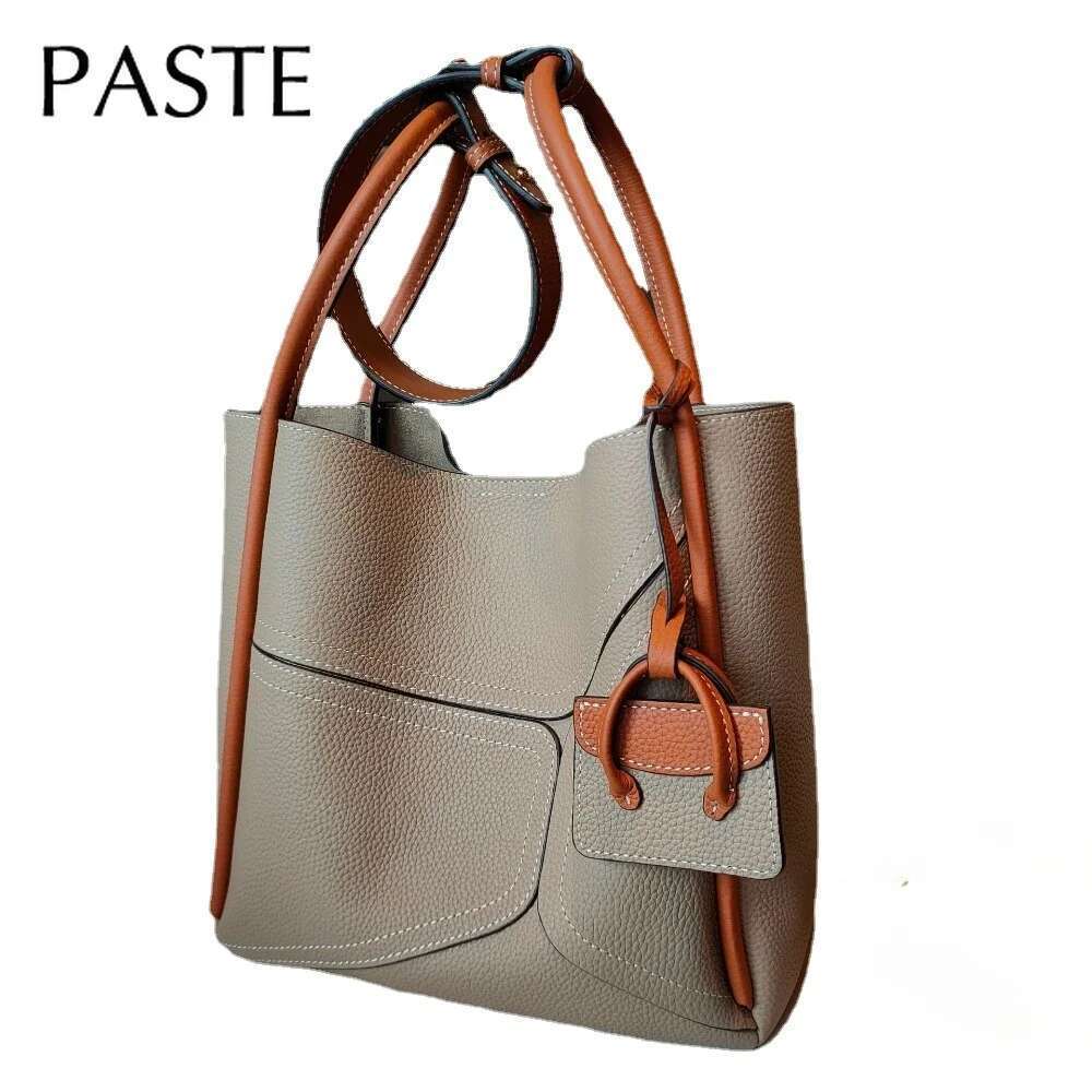 New Geometric Design Natural Togo Cow Leather Basket Tote Hit-Color Big Capacity Women's Handbag Armpit Shoulder Purse