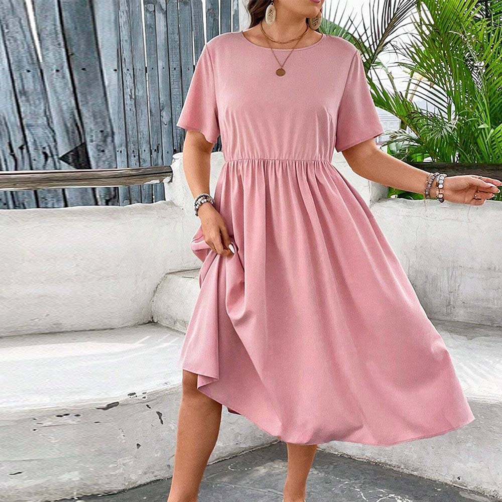 Plus Size Womens Style Neck Short Sleeved Casual Vacation Dress Summer New Collection Waist Cinched A-line Mid Length Skirt