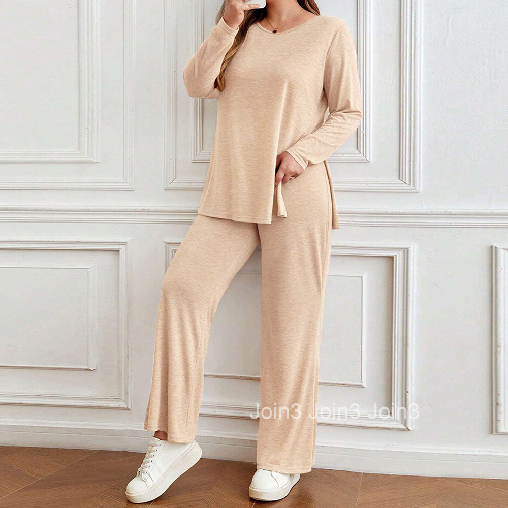 Large Size Womens Casual Round Neck Slit Long Sleeved T-shirt Top Wide Leg Pants Set Two-piece Set