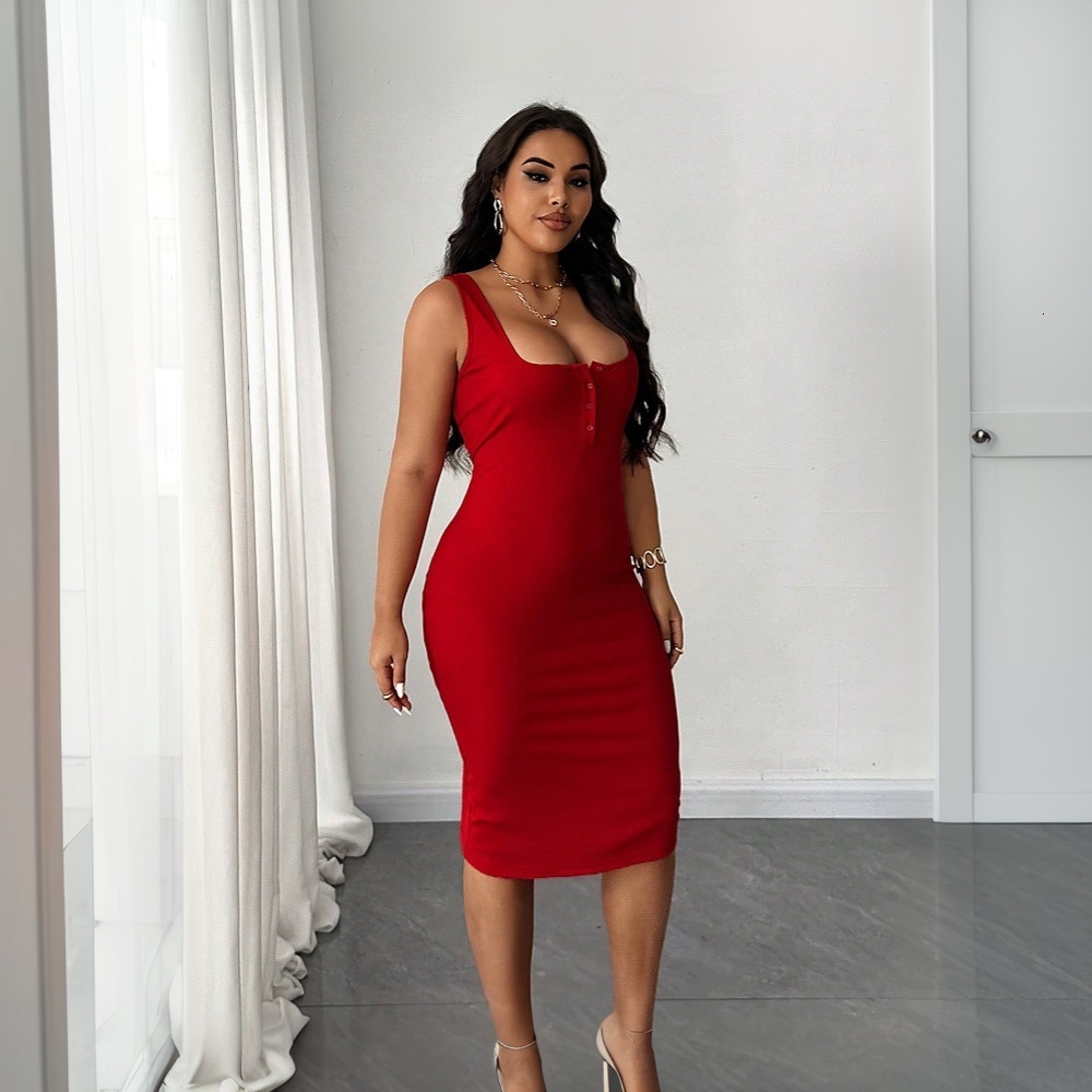 Large Size Womens Sexy Big Red Suspender Dress Summer New High Waisted Hip Hugging Mid Length Skirt