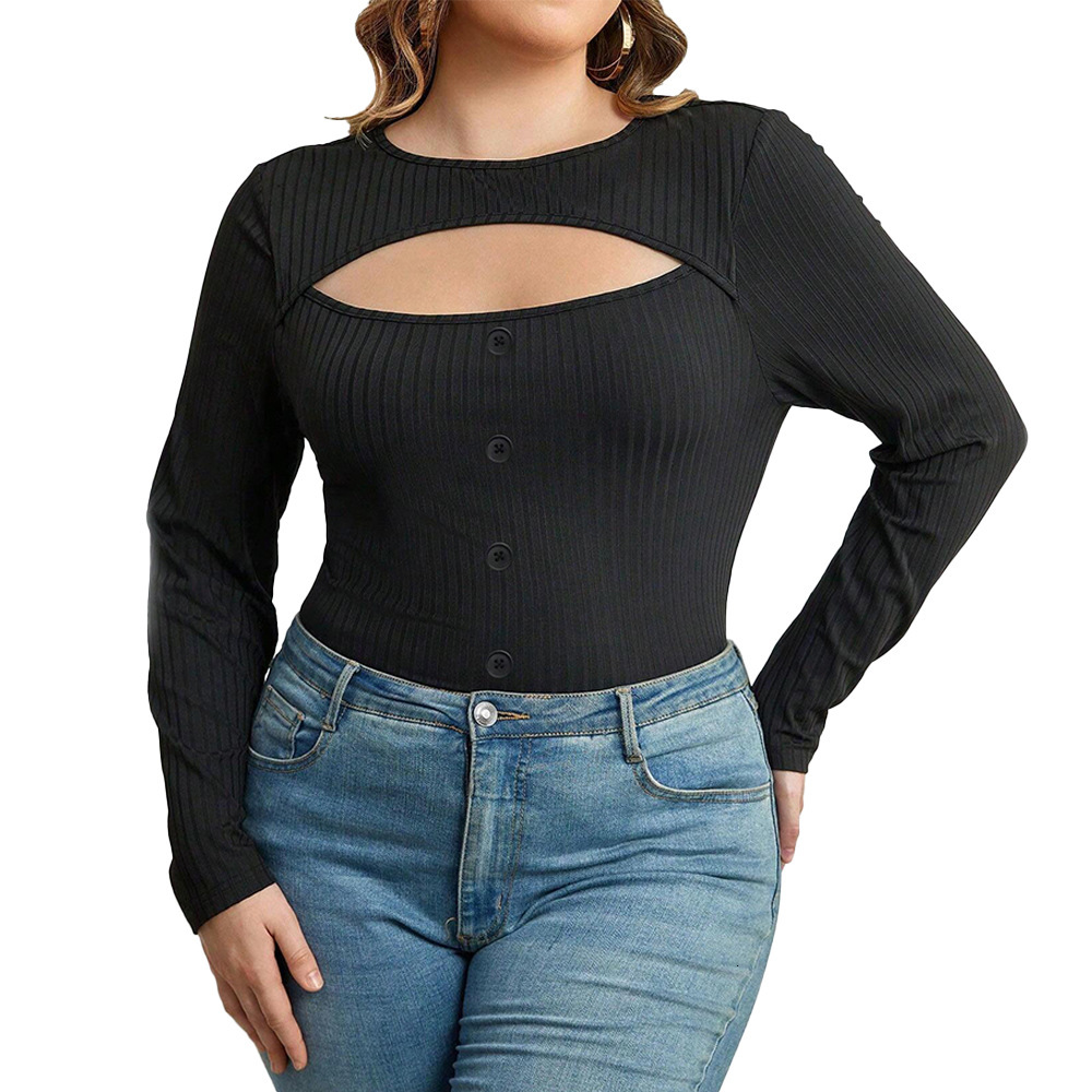 Large Size Womens Clothing Autumn and Winter New Item Slim Fit Round Neck Sexy Hollow Out Long Sleeved T-shirt Versatile Top