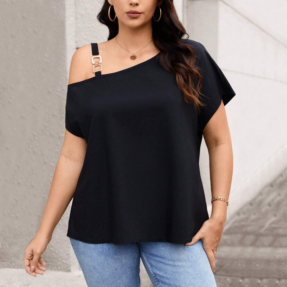 Womens Clothing Spring New Style Temperament Single Shoulder Button T-shirt Solid Color Slimming Top