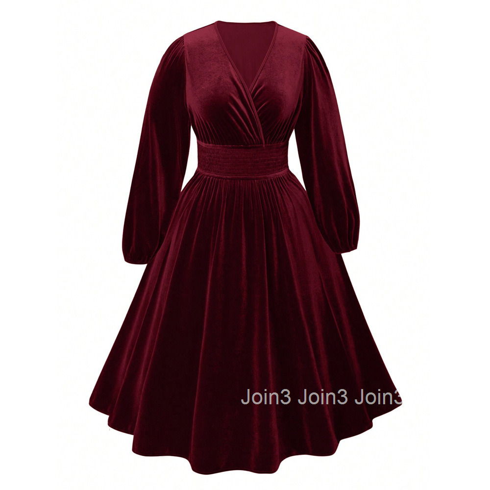 Large Size Womens Wine Red Velvet Dress for Autumn and Winter with a Waist Cinched to Show Off Weight Medium Length Skirt