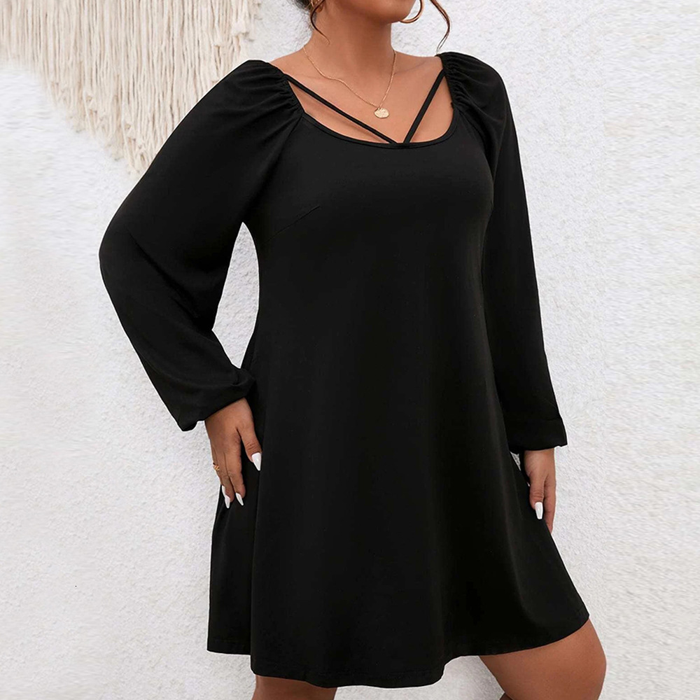 Large Size Womens Autumn and Winter New Collection Waist Cinched A-line Skirt with Bubble Sleeves and Square Collar Temperament Dress