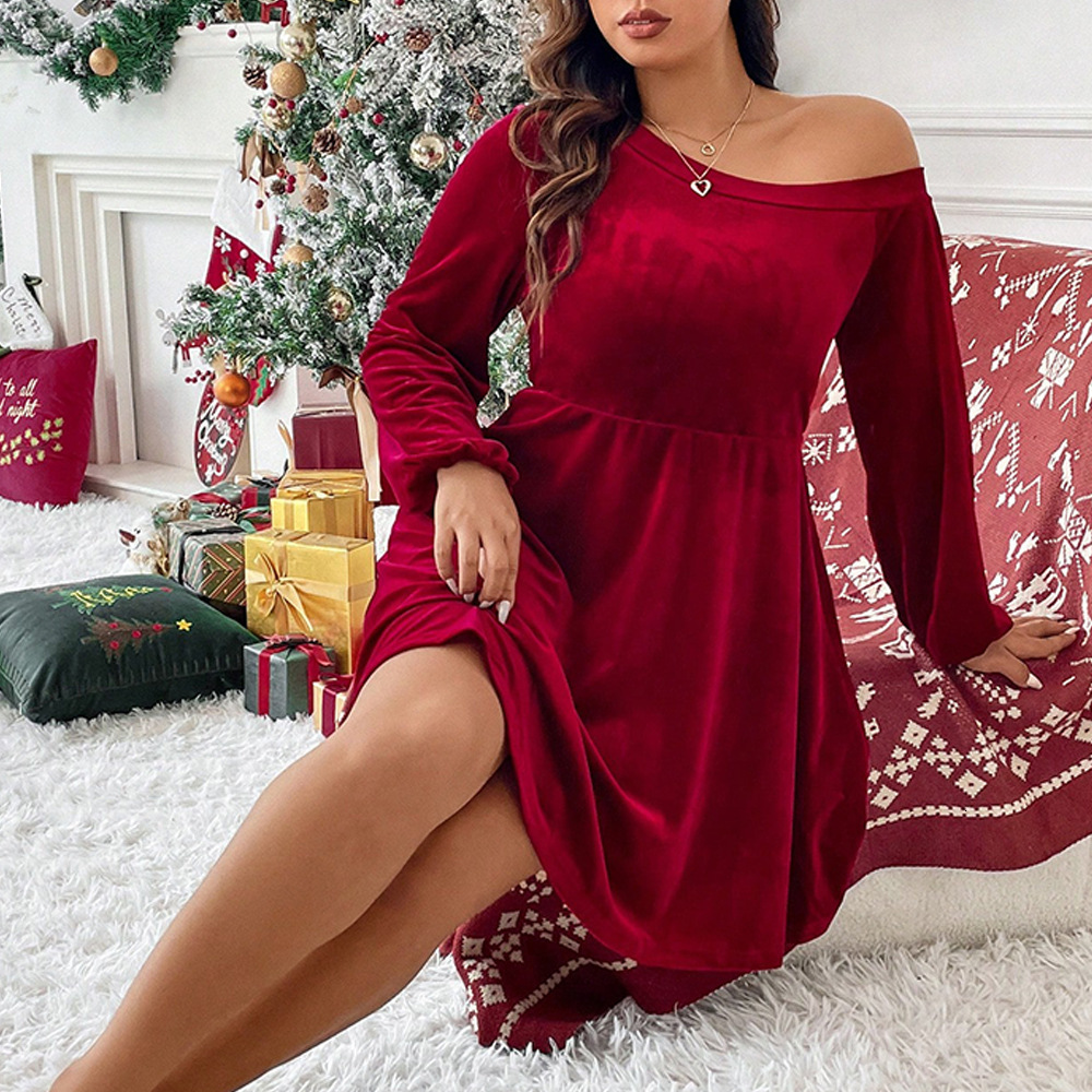 Oversized Womens Clothing Temperament Sexy Waistband A-line Dress Short Skirt One Shoulder Long Sleeved Velvet Dress