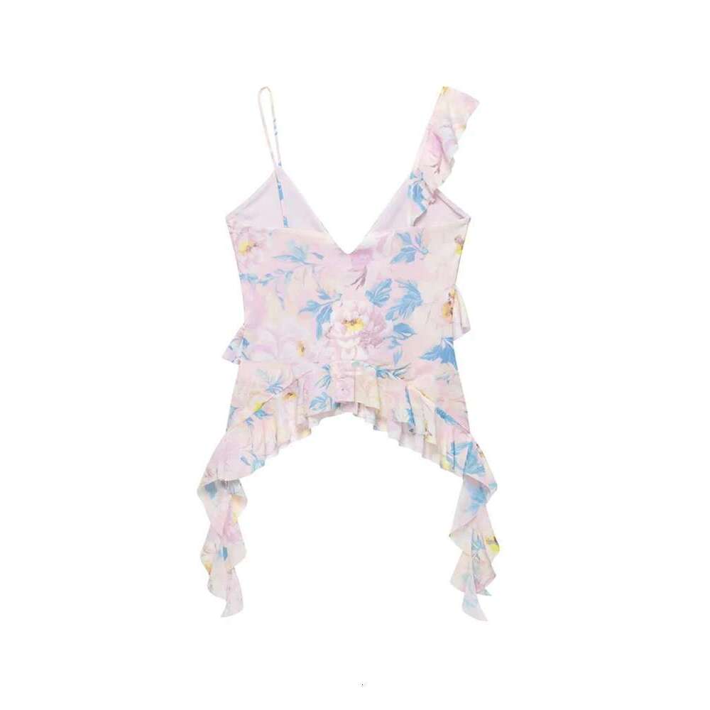 TRZA Women Fashion With Ruffles Printed Tulle Tank Tops V Neck Asymmetric Straps Female Camis Mujer