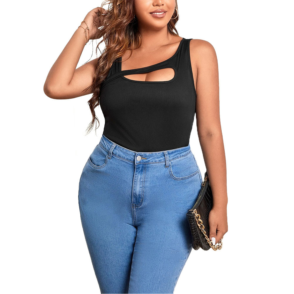 Large Size Womens New Ins Style Asymmetrical Shoulder Strap Hollowed Out Slim Fit Solid Color Vest Top
