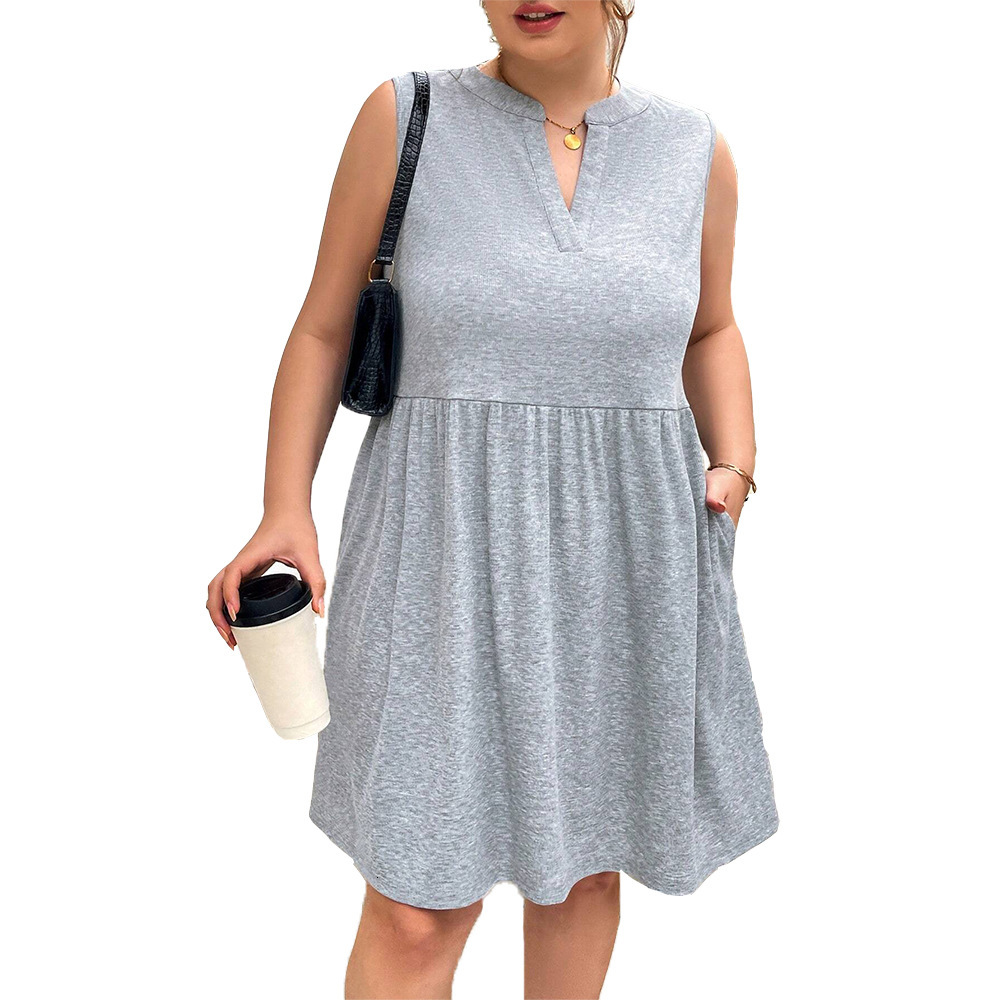 Large Size Womens Summer Waist Cinched Solid Color Sleeveless Short Skirt Pocket Knit Dress