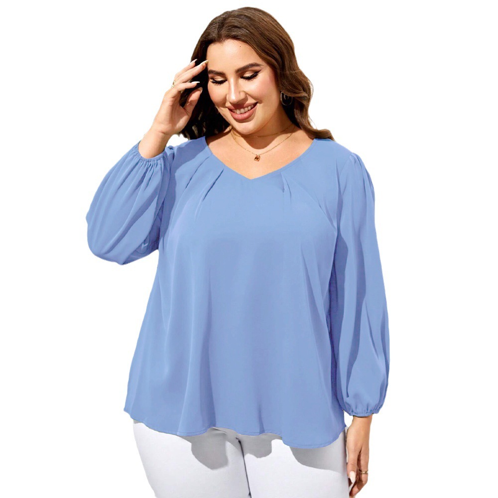 Large Size Womens Clothing Autumn and Winter V-neck Loose Casual Bubble Sleeve Temperament Shirt Womens Top