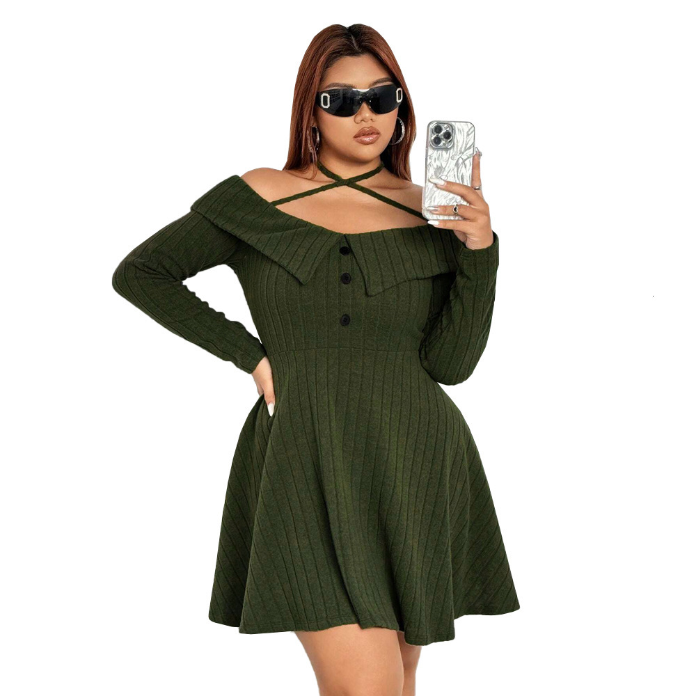 Oversized Womens Instagram Sexy Trendy Dress Autumn and Winter Hanging Neck Off Shoulder Design Short Skirt