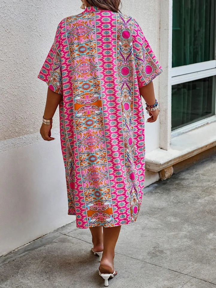 Womens Plus Size Printed Twopiece Set featuring a bohemian print open front kimono with short sleeves and shorts ensemble 250513Z