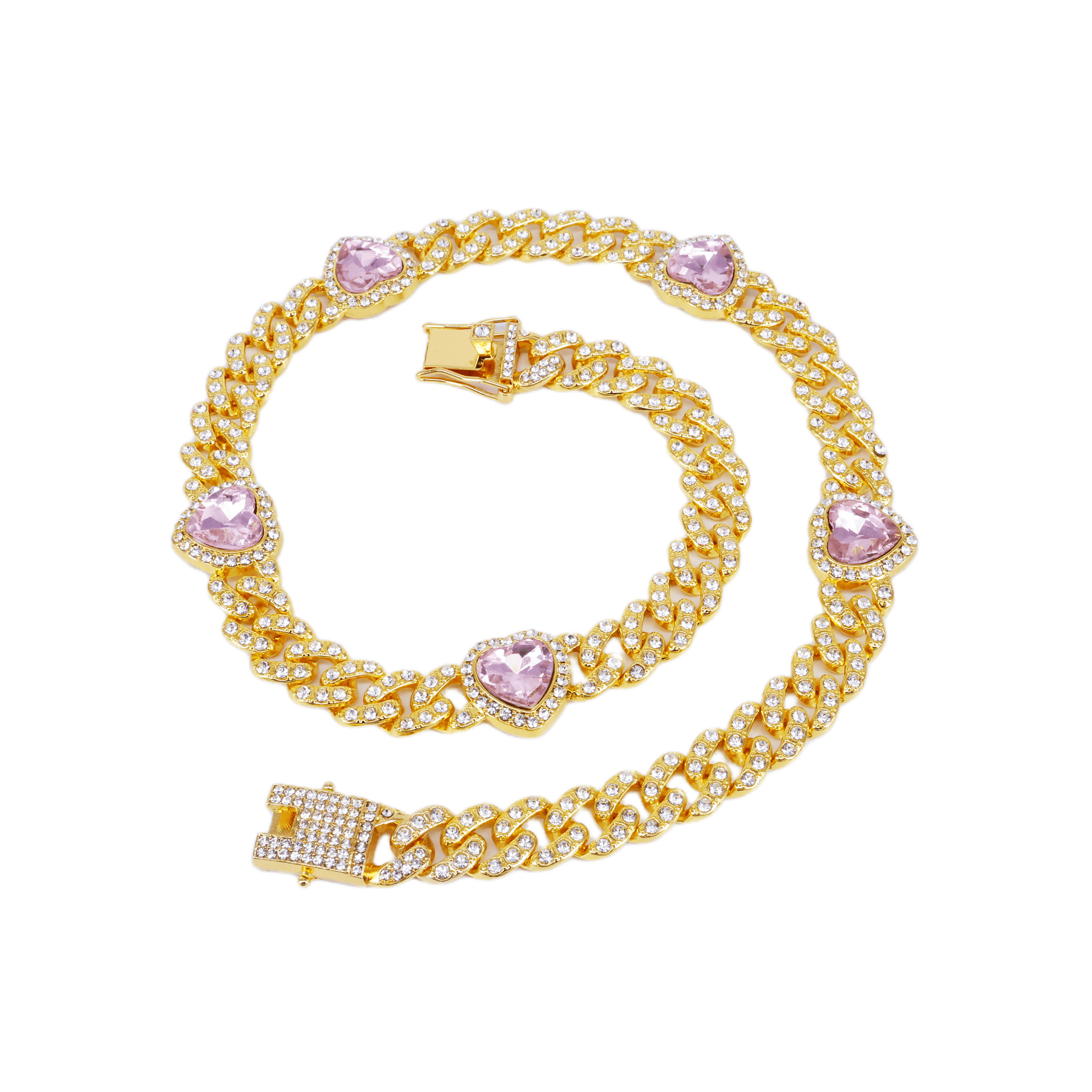 12mm Heart-Shaped Diamond Cuban Link Necklace - Trendy Hip-Hop Jewelry for Men, Pink Gemstone Accent