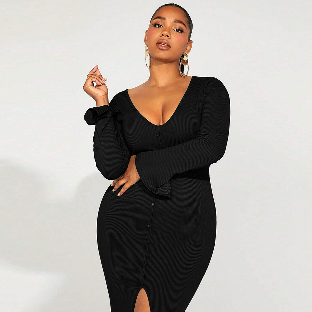 Large Size Womens Autumn and Winter New Sexy Slit V-neck Hip Hugging Long Sleeved French Dress