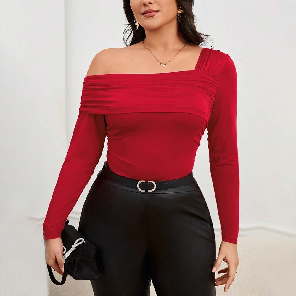Oversized Womens Clothing Unique Design T-shirt Autumn and Winter Sexy Style Off Shoulder Short Red Top