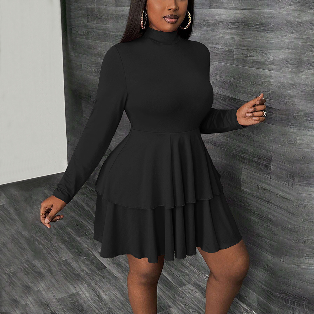 Plus Size Womens Simple Semi High Neck Dress Autumn and Winter Fashion Slim Fit Short Skirt