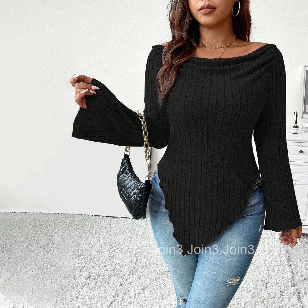 Autumn and Winter Plus Size Womens One Collar Long Sleeved T-shirt Slim Irregular Top