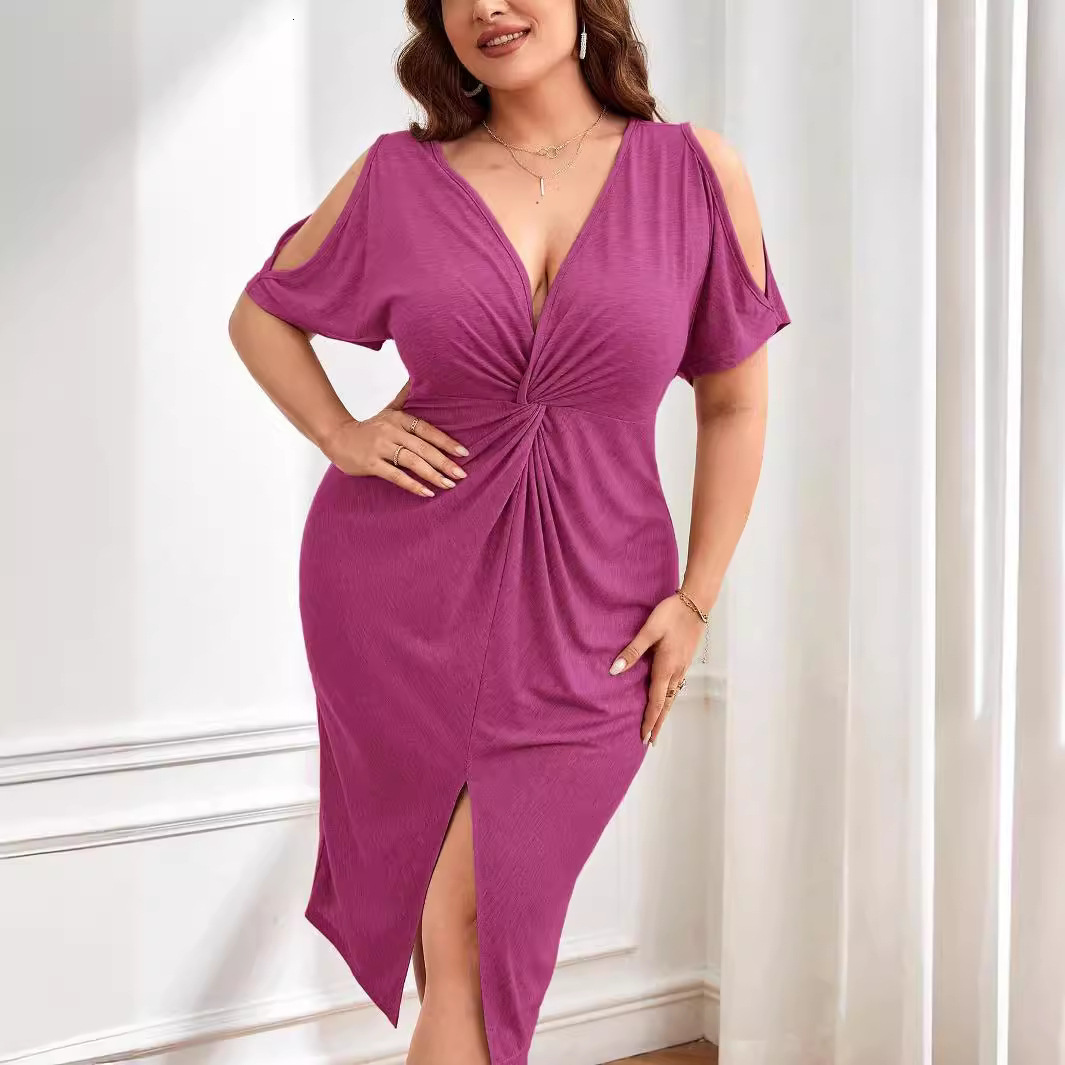 Large Size Womens V-neck Short Sleeved Pleated Rose Red Dress Elegant Summer Temperament Hip Hugging Skirt for Women