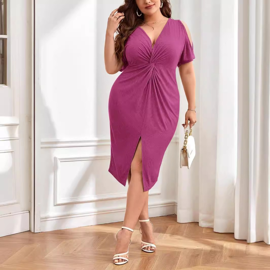 Large Size Womens V-neck Short Sleeved Pleated Rose Red Dress Elegant Summer Temperament Hip Hugging Skirt for Women