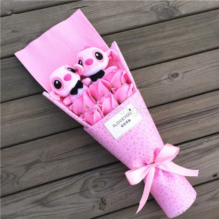 Disney 9 Styles Kawaii Stitch Soap Flower Plush Toy Anime Stich Soft Stuffed Animal Doll Romantic Valentines Gift no box W20250516