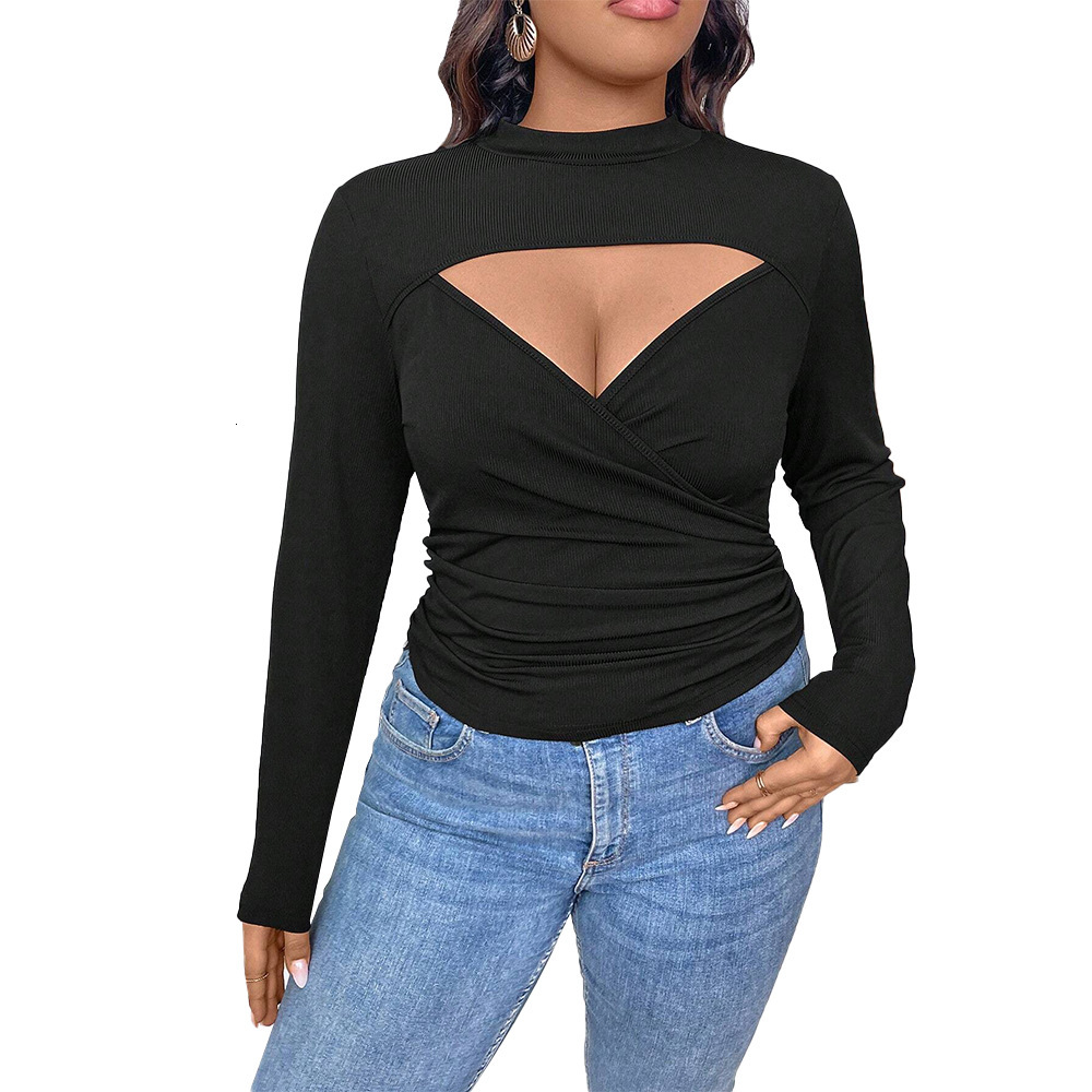 Large Size Womens Deep V-neck Sexy T-shirt for Autumn and Winter New Collection Pleated Slim Fit and Slimming Inner Long Sleeved Top