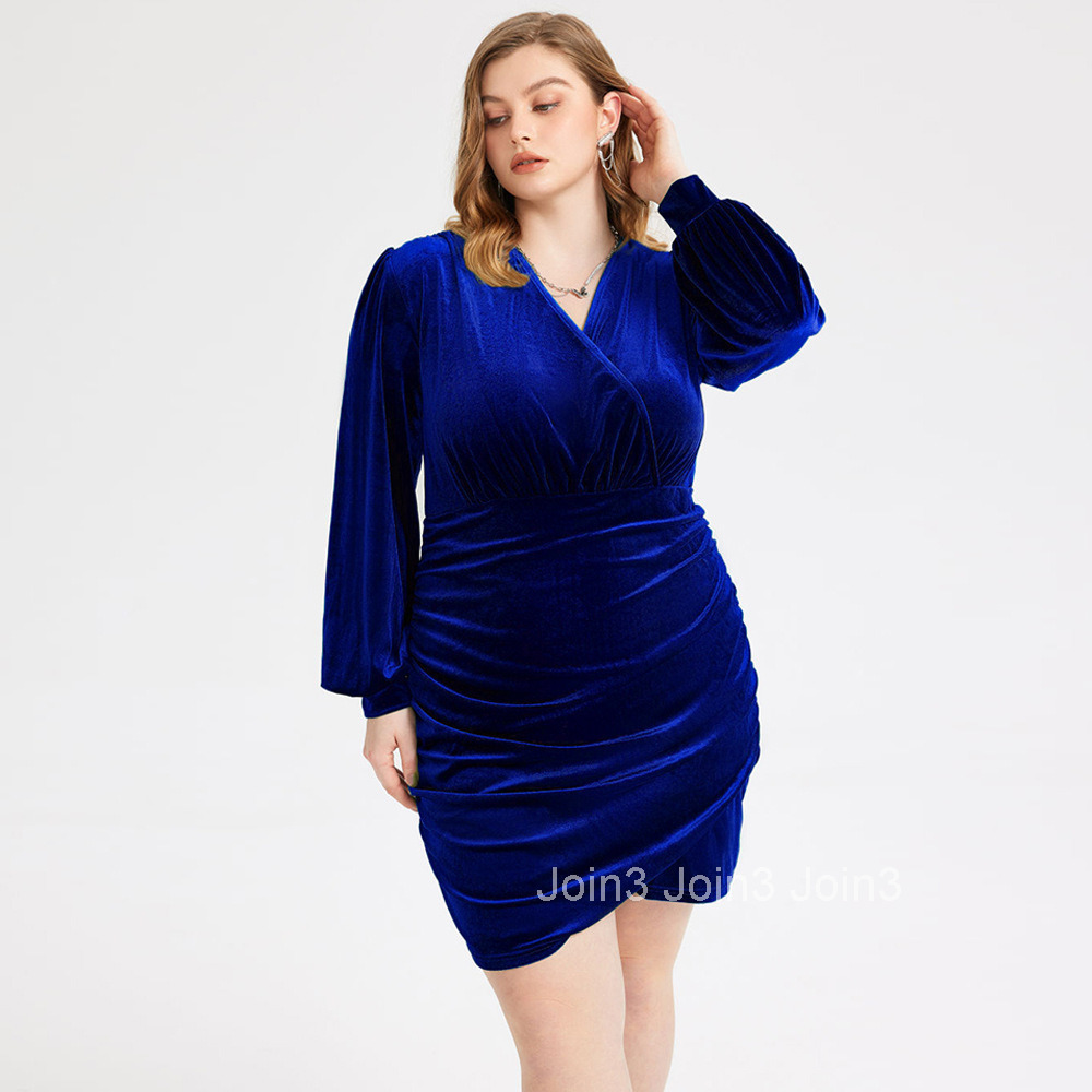 Large Womens V-neck Wrap Hip Dress Elegant French Gold Velvet Dress Long Sleeve Dress