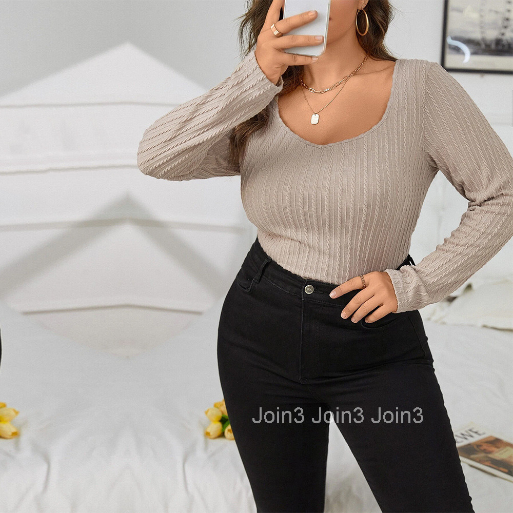 Large Size Womens New Slim Fit and Slimming Huafu Grid Chicken Heart Collar Knitted Long Sleeved T-shirt